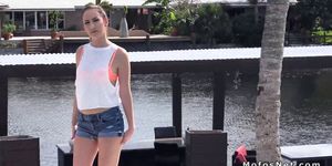Girlfriend fucks in patio by the river