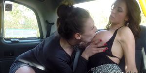 Tattooed cab driver fingers busty lesbian