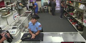 Big assed police officer gets plowed in the pawnshop