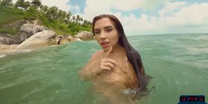 Big natural tits MILF Niemira strips on a sunny island