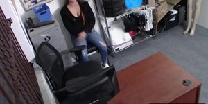 Blonde teen Eliza Eves rides officers cock on the chair