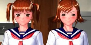Hentai threesome with cute schoolgirls sharing dick