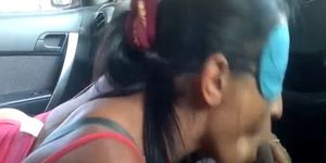 Blindfolded slut blows my dick in the car