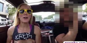Blonde bimbo sells her car and fucked at the pawnshop