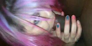 Pinky haired emo blowing black cock for the first time