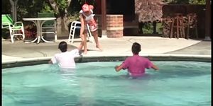 Latin twink at pool in threeway blows his load