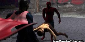 3D babe gets double teamed outdoors by superheroes