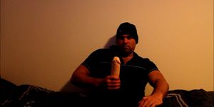 J-Art male solo with big cock dildo at night on the bed