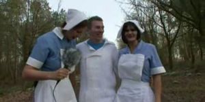 British MILF in stockings in a FFM dressed as a nurse