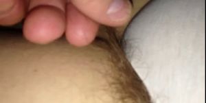 close up of the wifes pubic hair hainging from her pant