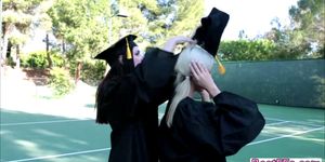 Gorgeous College teens on graduation pussy licking