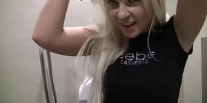 blonde with huge tits sucks dick in the locker room