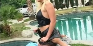 Sexy blonde Nikki facesitting in fishnet lingerie