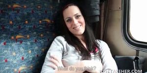 Teeny flashing sexy tits for cash in a train