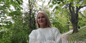 Pretty blonde Eurobabe railed in the woods for money