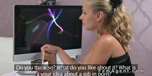 Blonde female agent fucked in pantyhose