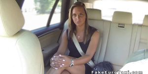 Babe sits on fake cab drivers cock in public