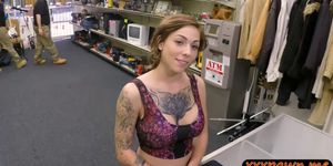 Busty tattooed woman drilled by pawn guy