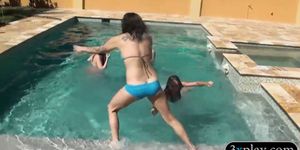 Three teen coeds show off ass and groupsex in the pool