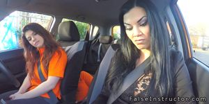 Threesome public in driving school car