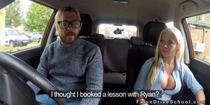 Tattooed driving student bangs busty blonde