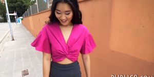 Playful asian beauty flashes tits and fucked in public