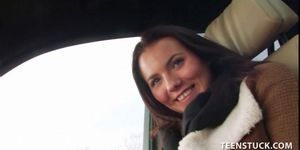 Cute hitchhiker sucks on a fat cock in POV style