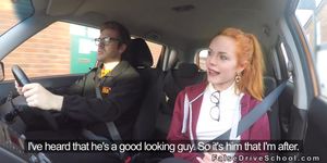 Pale redhead driving student after class gets instructo