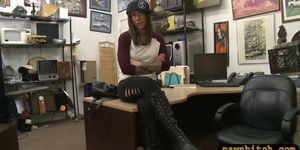 Pretty brunette woman railed by pawn guy in his office