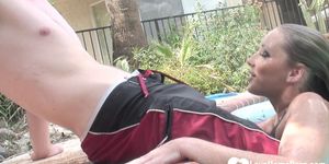Sucking cock and riding by the pool