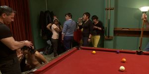 Tied sub anal banged in public pool hall