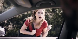 Teen with car trouble blowjob and fucking in public