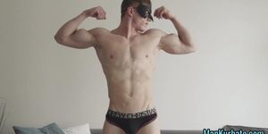 Straight muscled guy jerking off inside pants