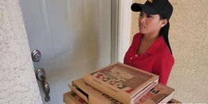 Pizza threesome with Asian babe Ember Snow