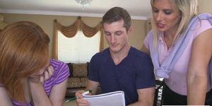 Horny stepmom joining in with teen couple for threesome