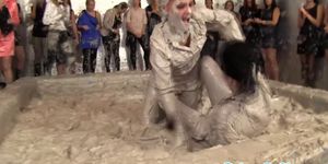 Two european beauties wrestling in mud