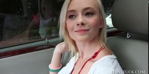 Playful blonde flashing tits and pussy in car