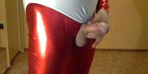 Hosed in Shiny red Lycracatsuit