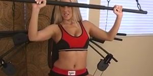 Sexy blonde slut strips at the gym while making her exe