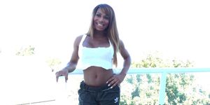 Busty black tranny toyed and sucked outdoors