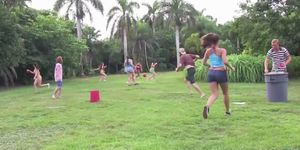 College bikini teens playing outdoor games