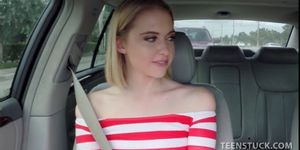 Cute blonde flashing small tits for a free ride