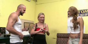 Tattooed blonde gets pussy played with for cash