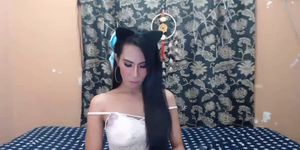 Long haired shemale wanking on cam