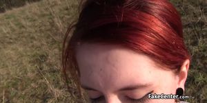Small tits redhed takes cock outdoor