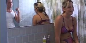 Dude sucks bikini blonde's nice tits in bathroom then e