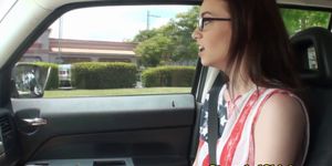 Young skinny hitchhiker with glasses sucks drivers dick