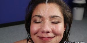 Nasty bombshell gets jizz shot on her face swallowing a
