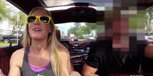 Blonde and hot bimbo walks in to sell a car and gets fu