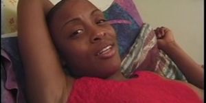 Lovely ebony guzzles cock while getting fucked in three